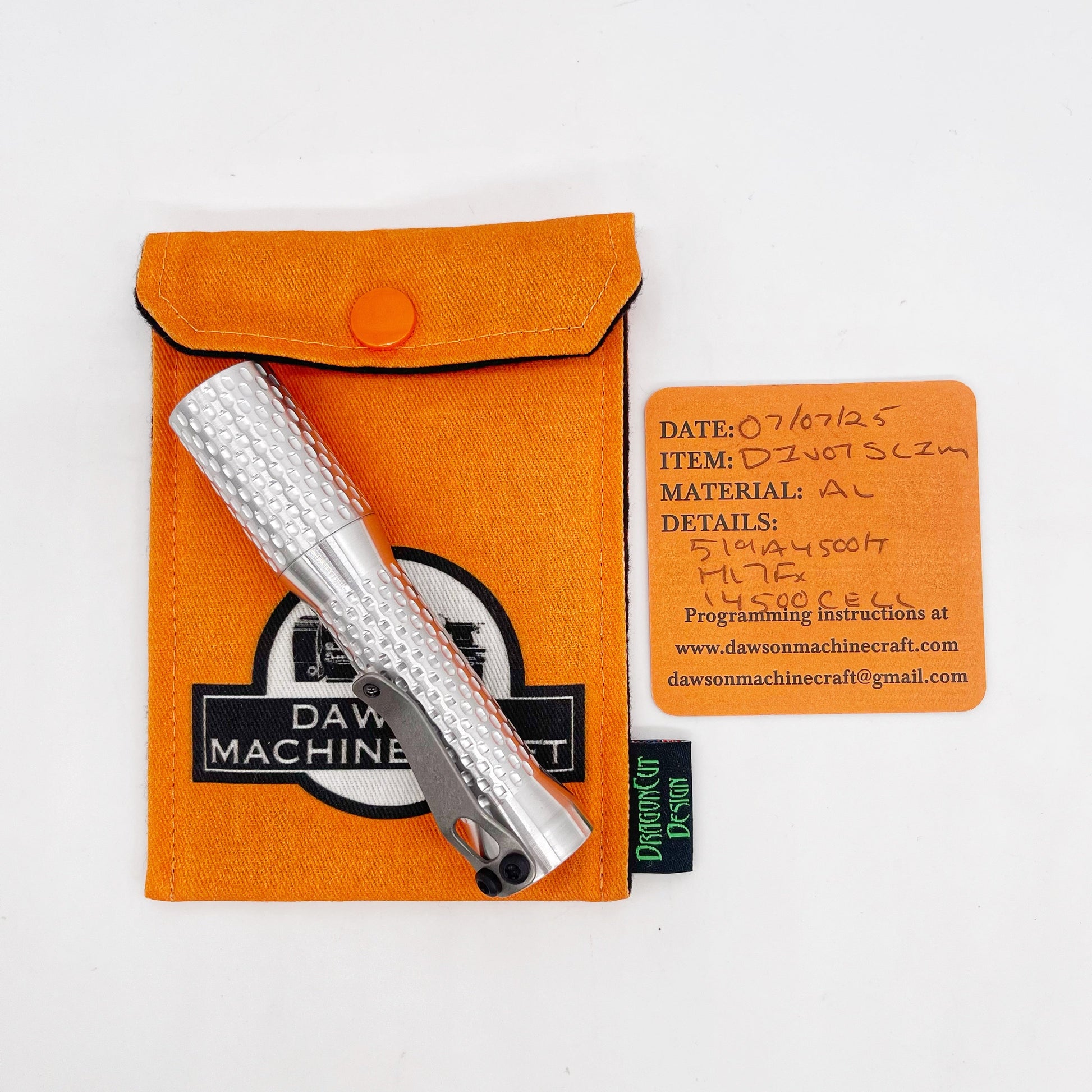 Dawson Machine Craft Divot Slim Flashlight – Satin Aluminum, Nichia 519a 4500K LED, H17Fx Driver, 14500 Battery