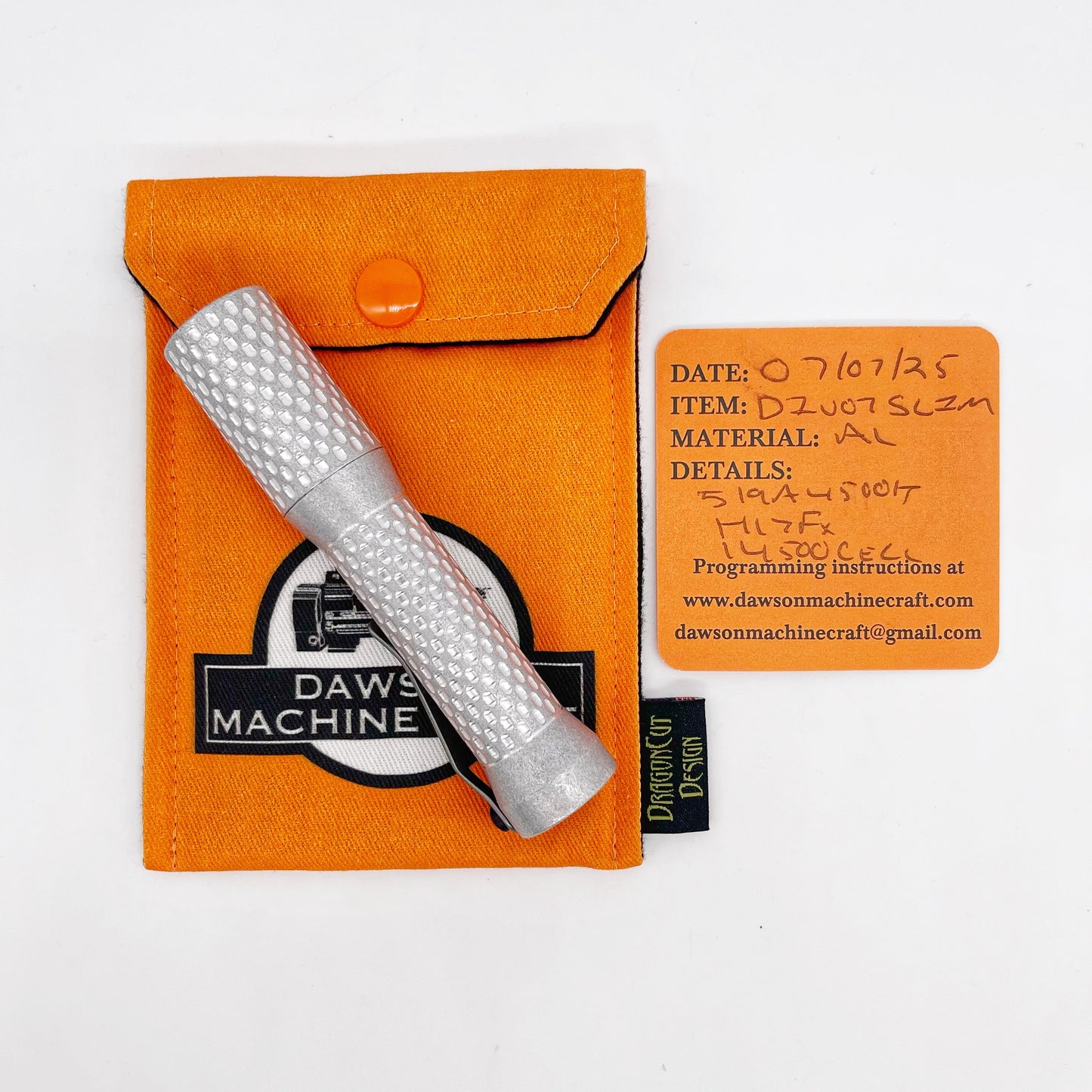 Dawson Machine Craft Divot Slim Flashlight – Tumbled Aluminum, Nichia 519a 4500K LED, H17Fx Driver, 14500 Battery
