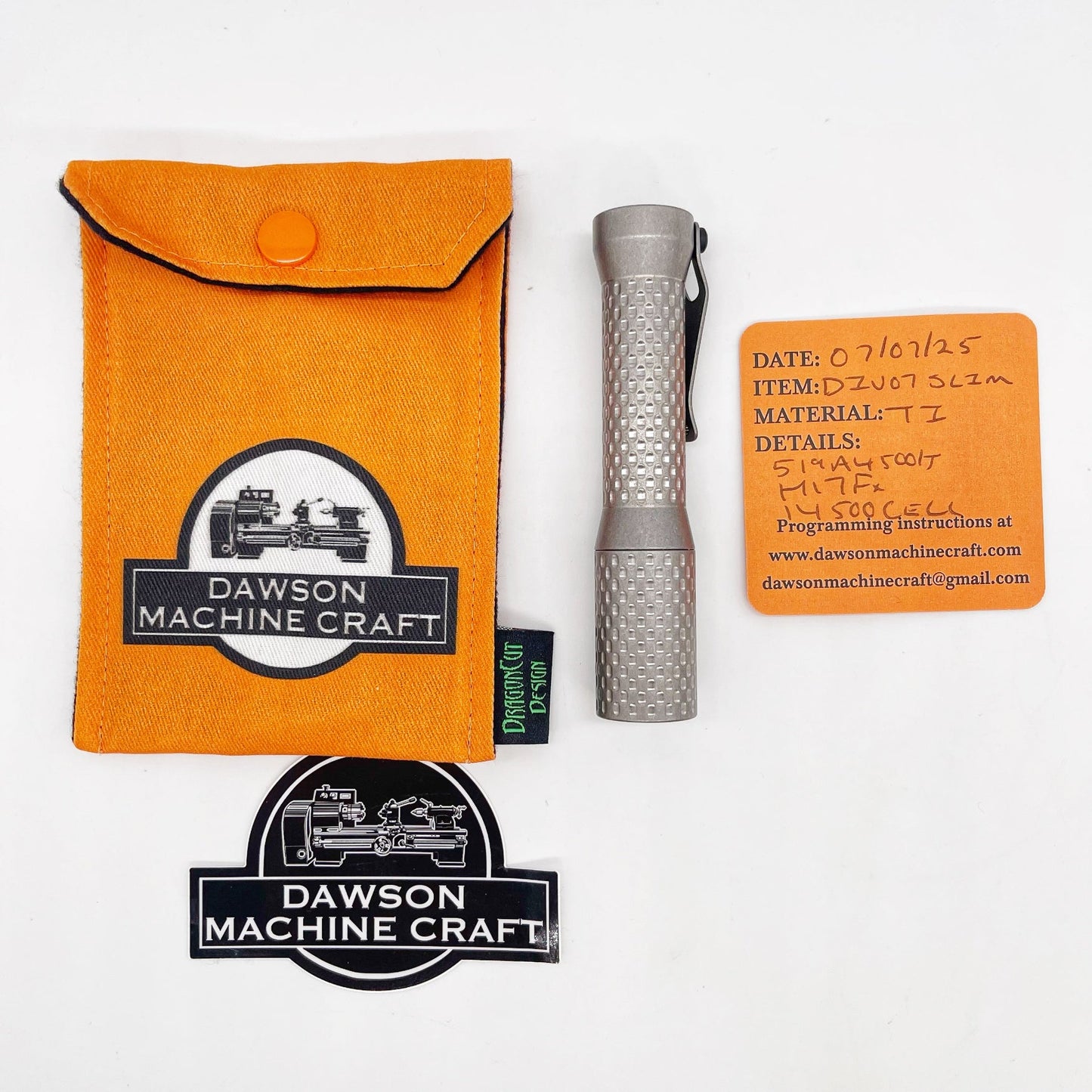 Dawson Machine Craft Divot Slim Flashlight – Tumbled Titanium, Nichia 519a 4500K LED