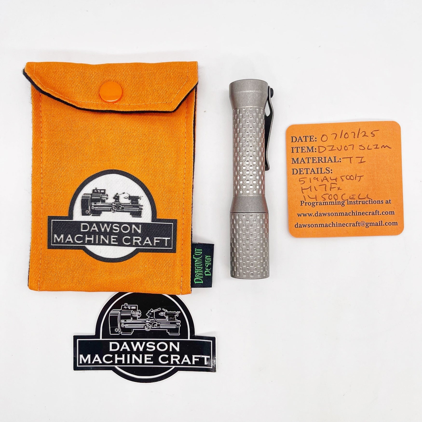 Dawson Machine Craft Divot Slim Flashlight – Tumbled Titanium, Nichia 519a 4500K LED