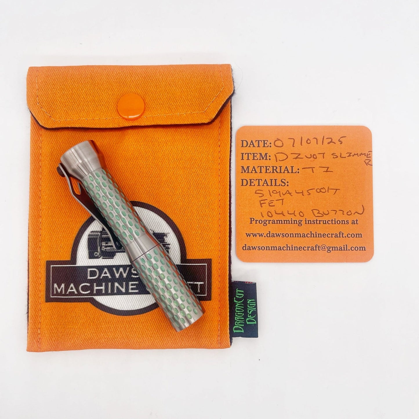 Dawson Machine Craft Divot Slimmer Titanium EDC Flashlight – Anodized Satin Finish | Carry Pouch | Info Card