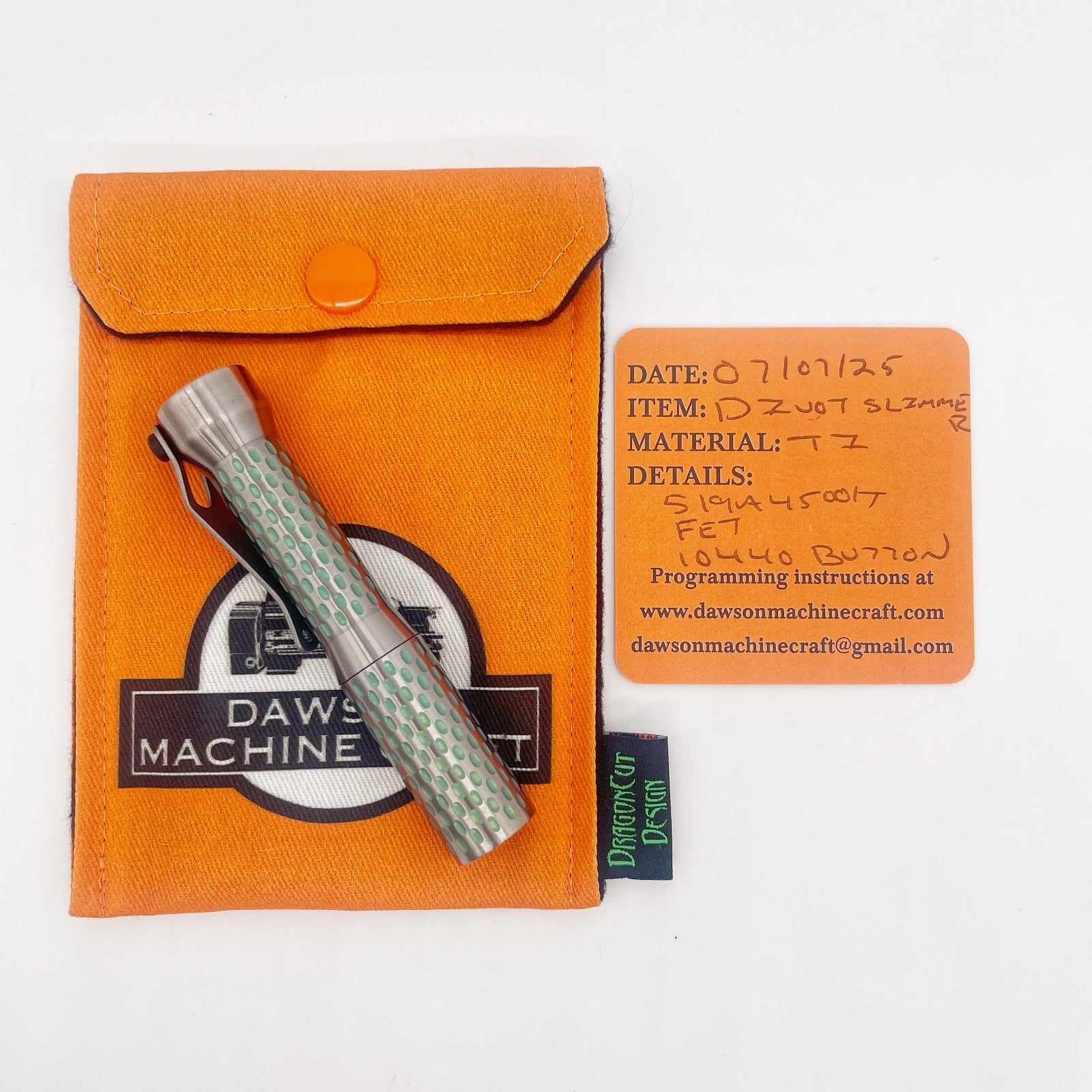 Dawson Machine Craft Divot Slimmer Titanium EDC Flashlight – Anodized Satin Finish | Carry Pouch | Info Card
