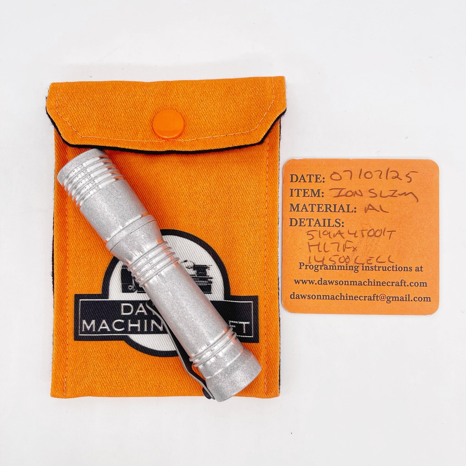 Dawson Machine Craft Ion Slim Flashlight – Tumbled Aluminum, Nichia 519a 4500K LED, H17Fx Driver, 14500 Battery