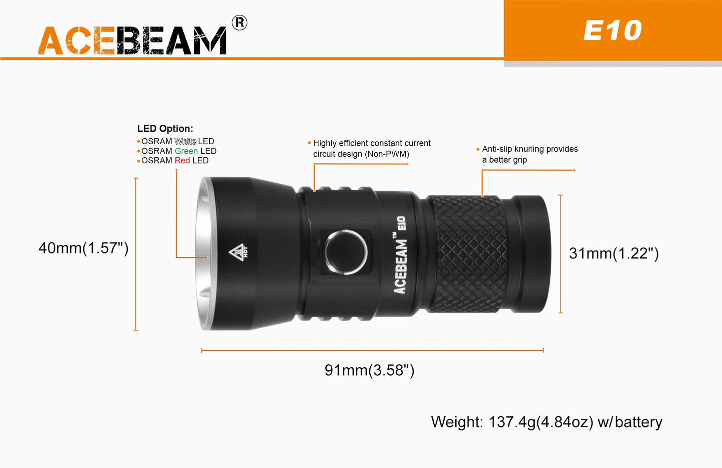 Acebeam E10 250 Lumen Compact Flashlight Over 1263 Feet of Throw - Red LED