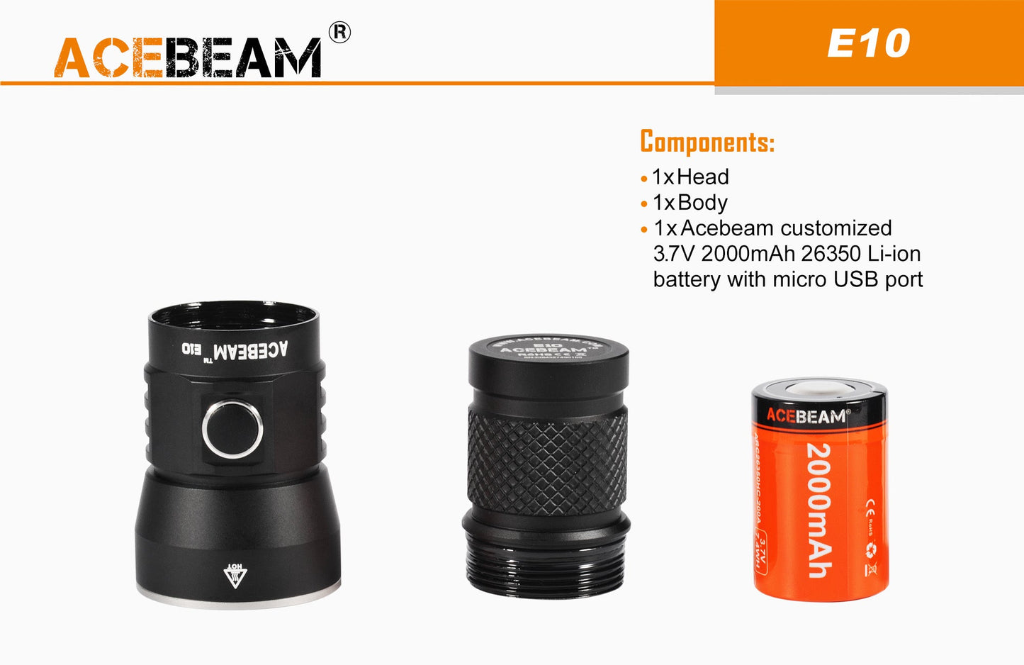 Acebeam E10 760 Lumen Compact Flashlight Over 1840 Feet of Throw - White LED