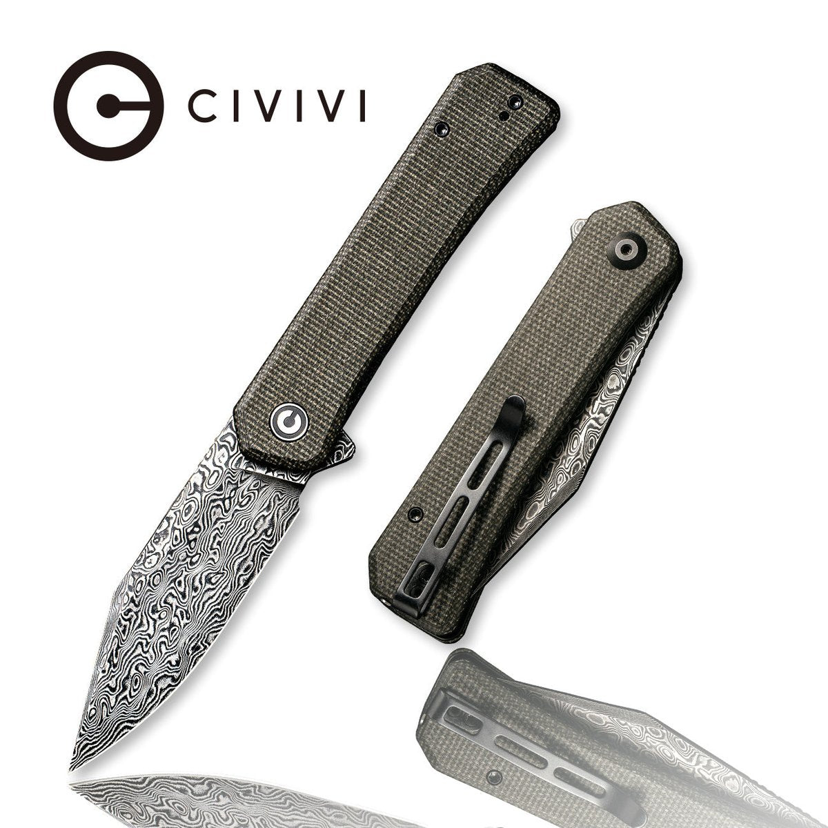 CIVIVI Relic Folding Knife C20077B-DS1 3.48 in Damascus Blade Dark Green Micarta Handle