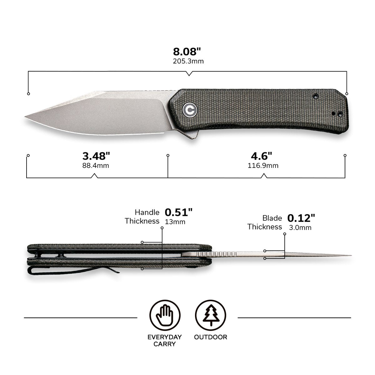 CIVIVI Relic Folding Knife C20077B3 3.48" Gray Stonewashed Nitro-V Blade Dark Green Micarta Handle
