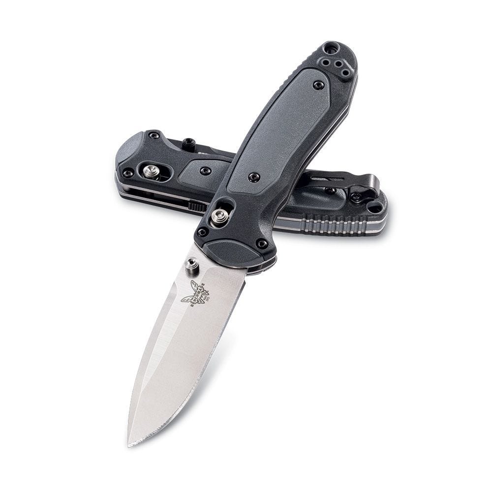 Benchmade Mini Boost 595 BEN-595 open and closed pair - gray Grivory and black Versaflex dual durometer handle