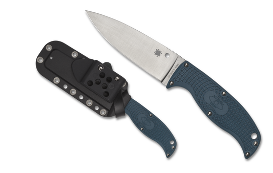 Spyderco Enuff 2 FB31PBL2K390 small fixed blade knife shown with its polymer G-Clip sheath, satin K390 PlainEdge blade and blue FRN handle