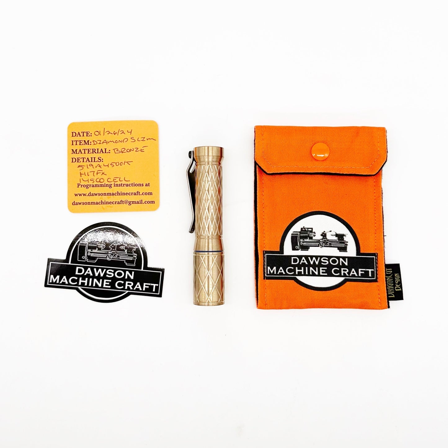 Dawson Machine Craft Diamond Slim Satin Bronze Flashlight 14500 Cell Nichia 519a 4500k LED H17x Driver - Made in USA