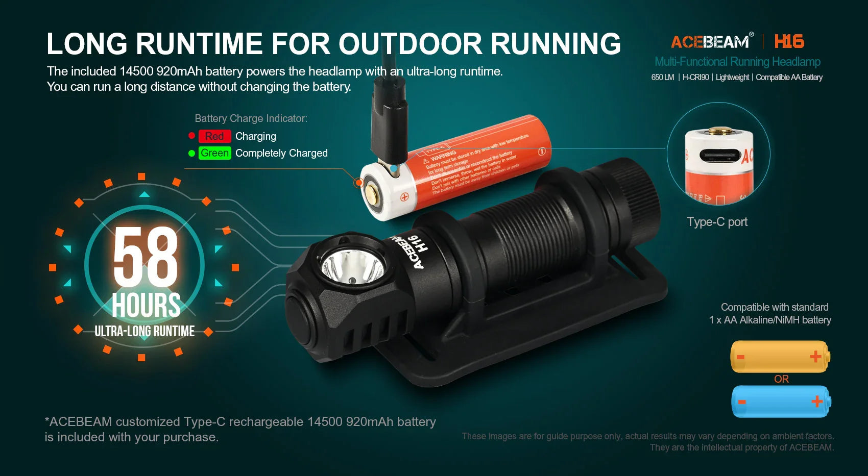 Acebeam H16 Gray headlamp with adjustable reflective headband and silicone holder