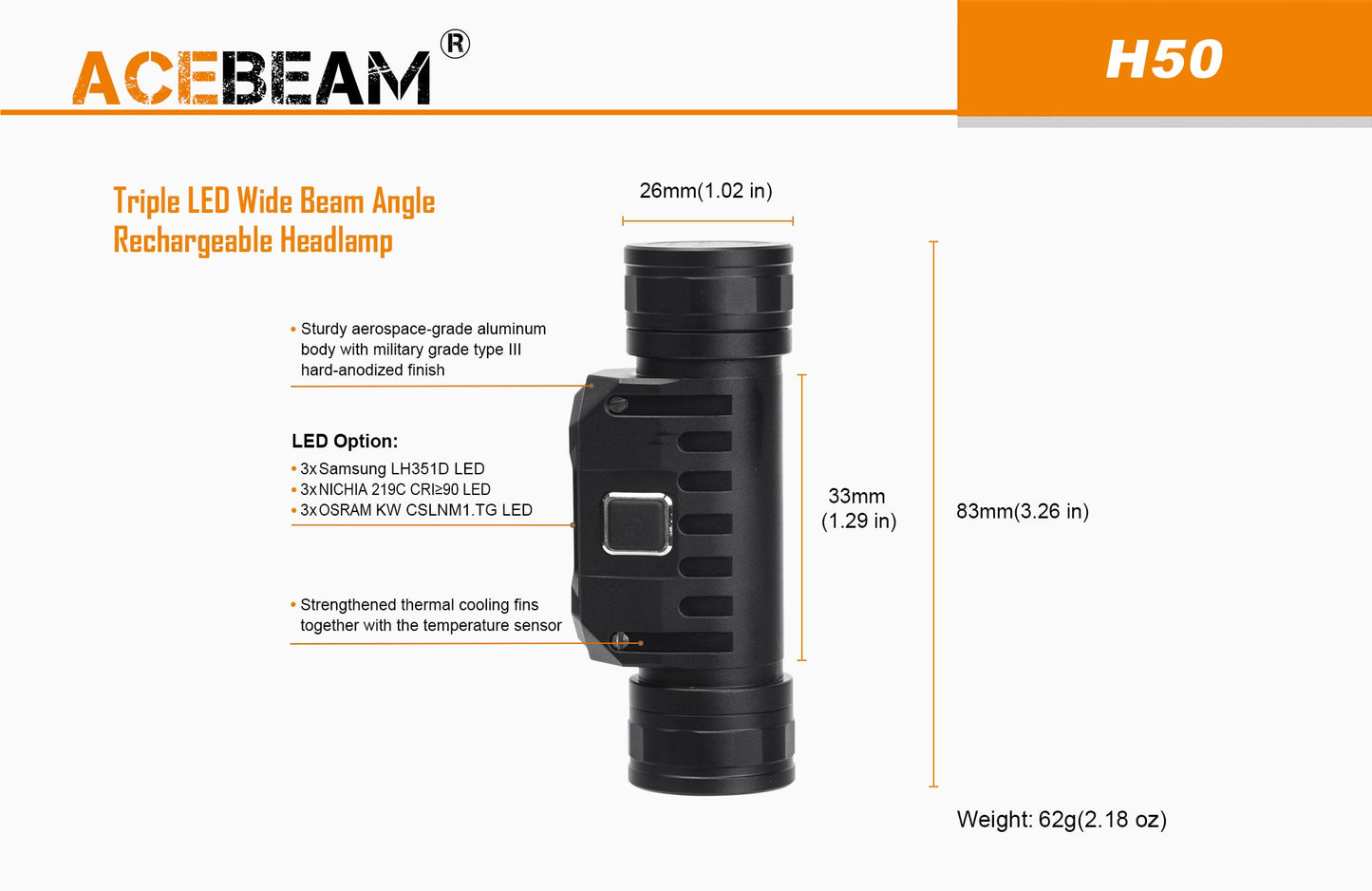 Acebeam H50 2000 Lumen Lightweight Headlamp