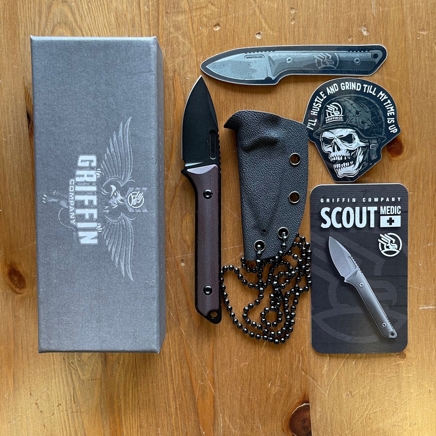 Griffin Scout Medic Fixed Blade 1.65in Black DLC Magnacut Steel Burgundy Carbon Fiber Handles
