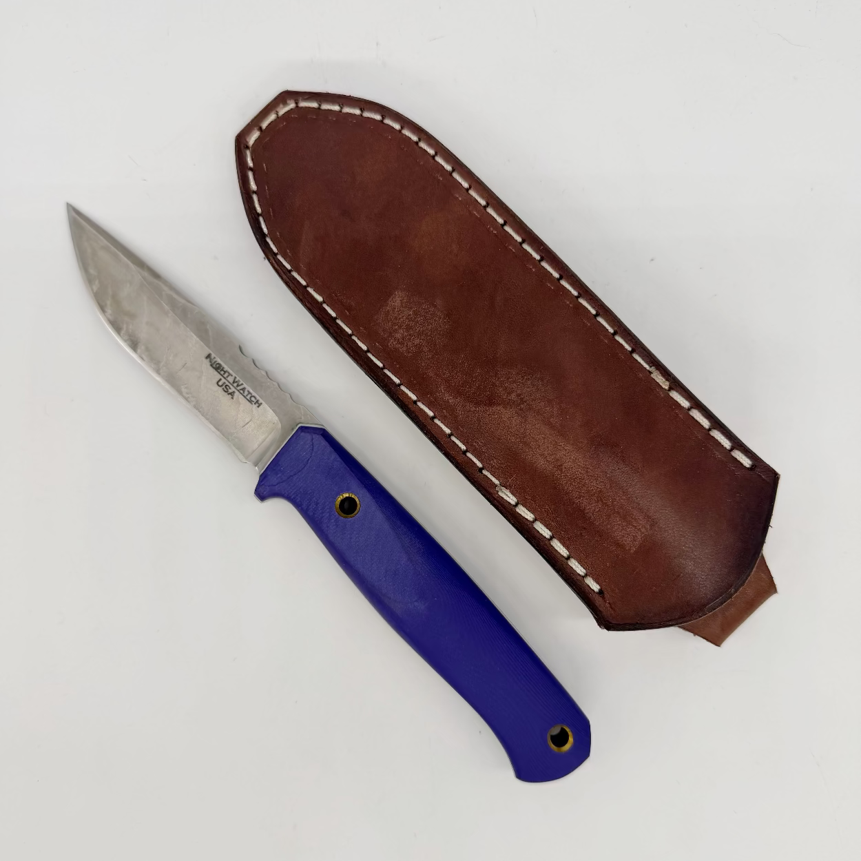 Night Watch Knives Ranger Nitro-V Blade Purple Handle White Liners Leather Sheath