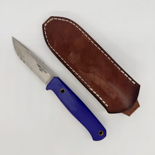 Night Watch Knives Ranger front view – handmade Nitro-V fixed blade knife with purple handle and white liners