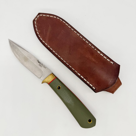 Night Watch Knives Spotter front view – handmade Nitro-V fixed blade knife with green handle and red liners