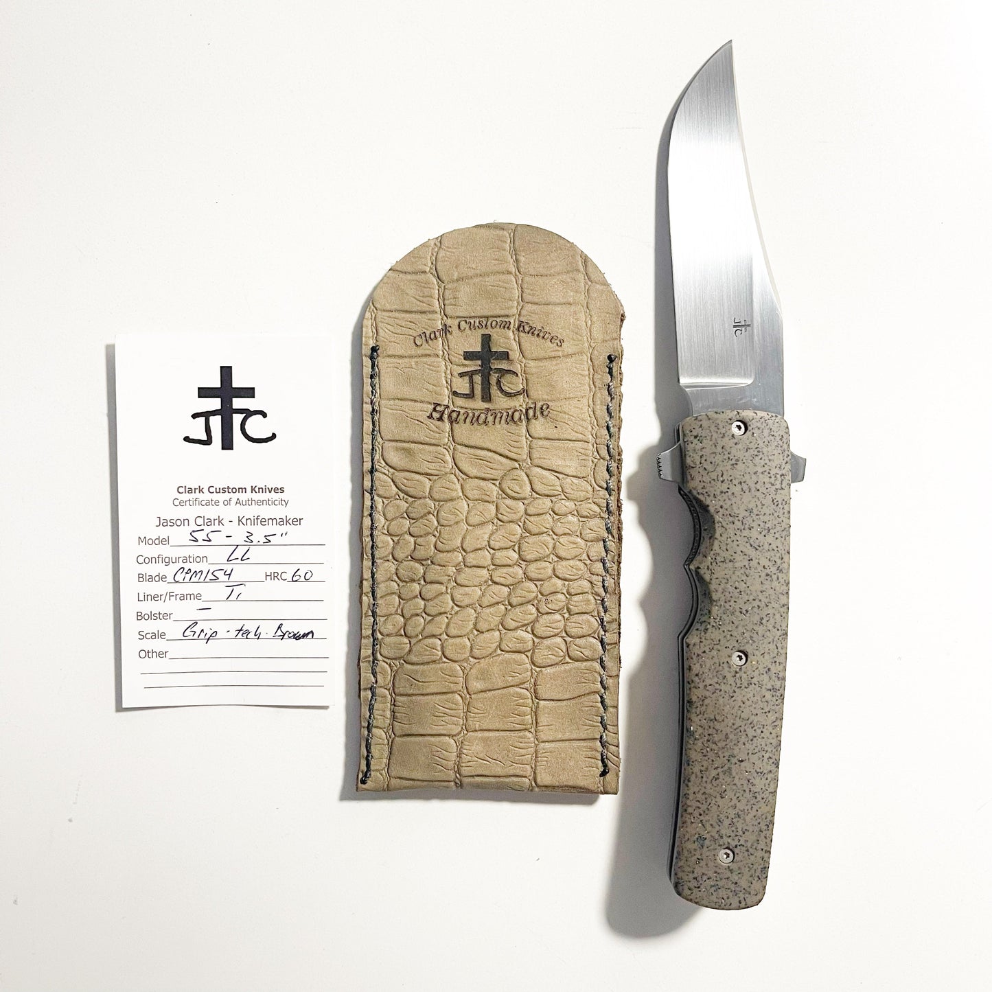 Clark Custom Knives Model 55 3.5in CPM 154 Blade Brown Grip Tech Handle