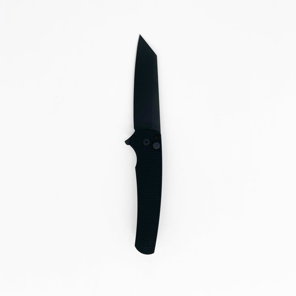 Pro-Tech Malibu Button Lock Folding Knife. Reverse Tanto DLC Black 20cv Steel Blade w/ textured aluminum handles. GoingGear.com
