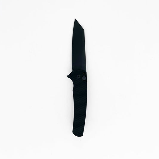 Pro-Tech Malibu Button Lock Folding Knife. Reverse Tanto DLC Black 20cv Steel Blade w/ textured aluminum handles. GoingGear.com