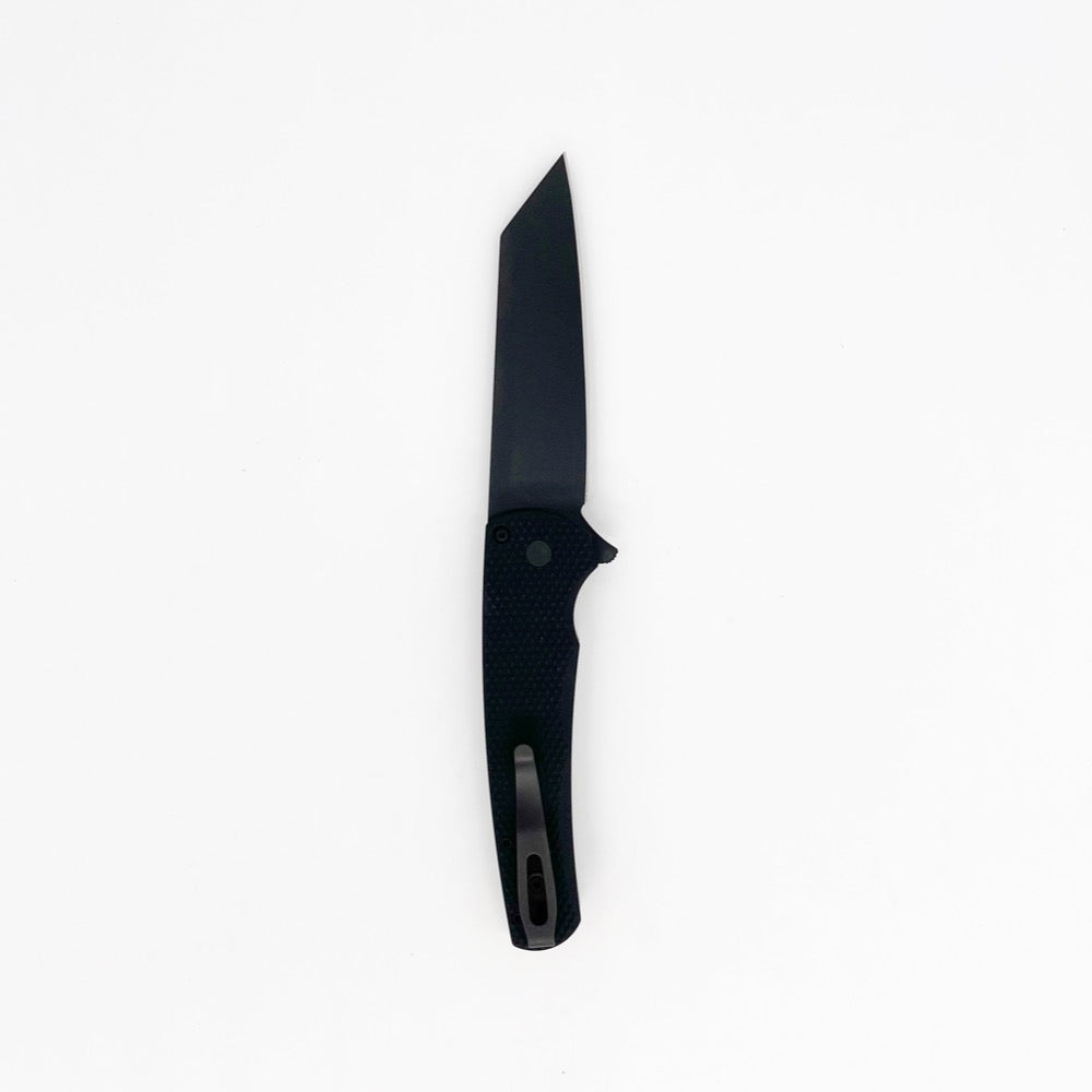 Pro-Tech Malibu Button Lock Folding Knife. Reverse Tanto DLC Black 20cv Steel Blade w/ textured aluminum handles. GoingGear.com