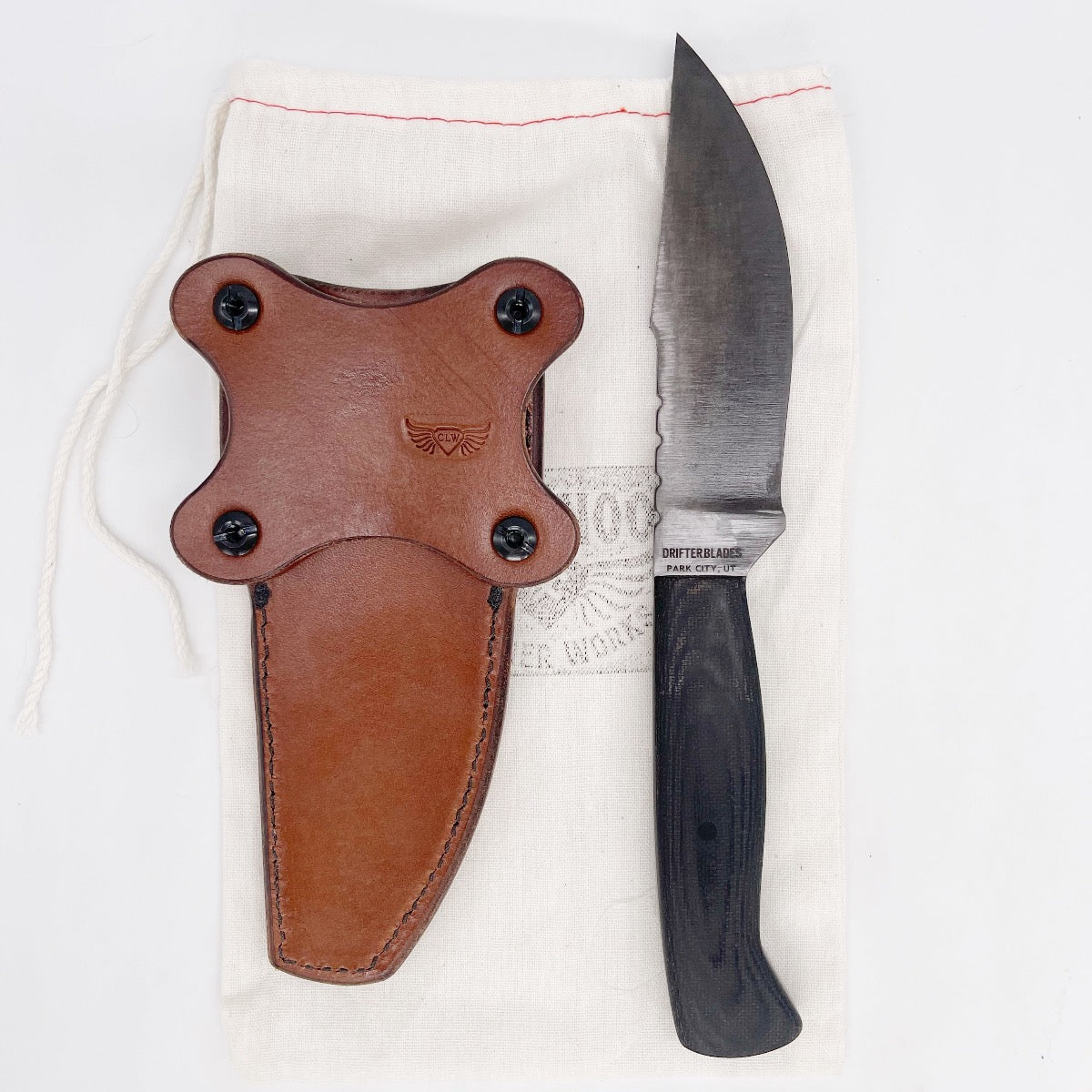Drifter Blades Overlander Lite Custom Fixed Blade Knife Black G10 Handles Custom Leather Sheath