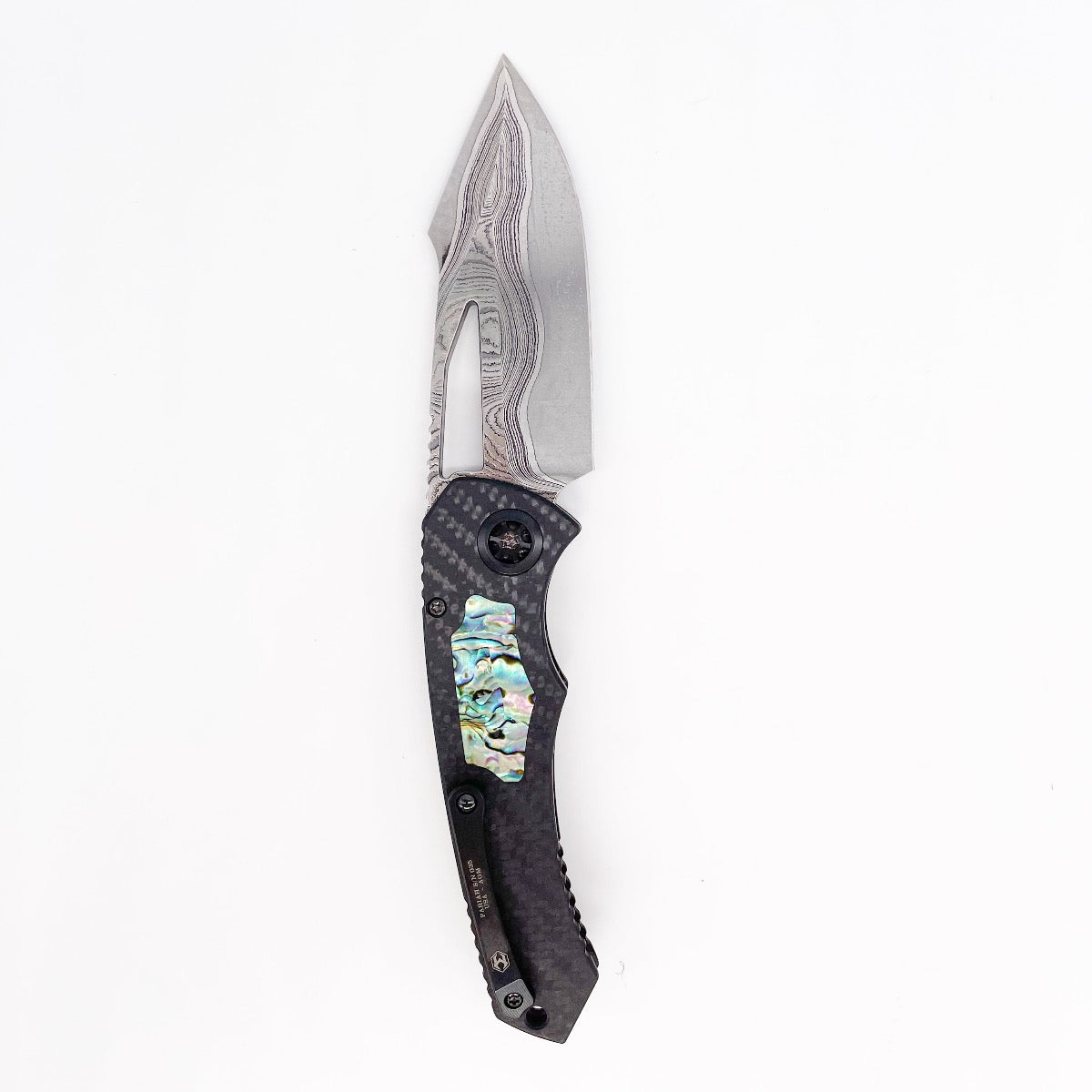 Heretic Knives Pariah Hand Ground VF Wood Grain San Mai Blade Carbon Fiber Abalone Inlay Handles