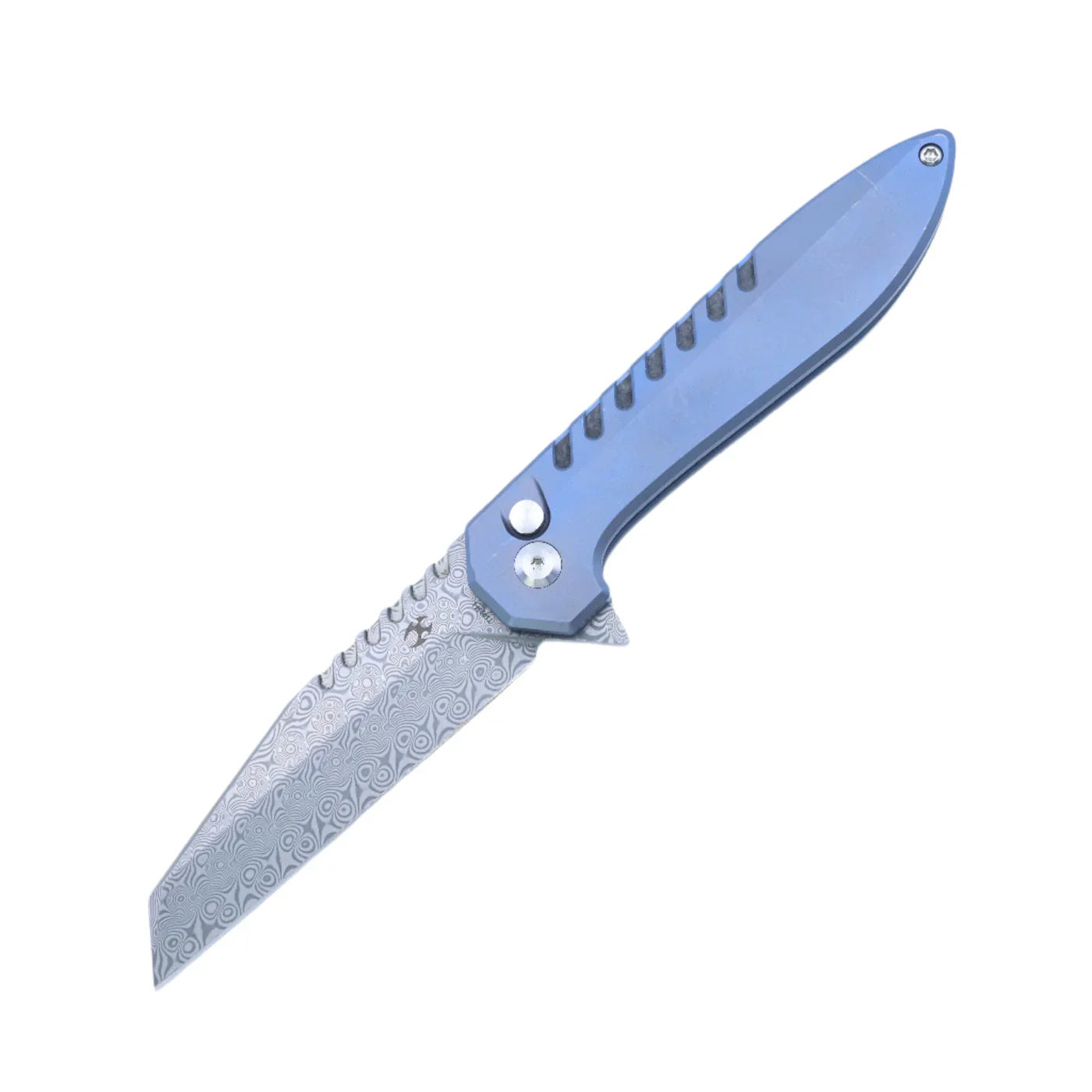 Kansept Kosame 3.37" Damascus Blue Anodized Titanium with Shred Carbon FIber Inlay T1093F1