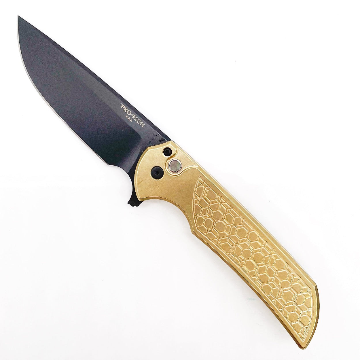 Pro-Tech Knives Mordax Blade Show Atlanta 2024 Stonewash AlBronze Gridlock Handle DLC Magnacut Blade Black Lip Pear Button