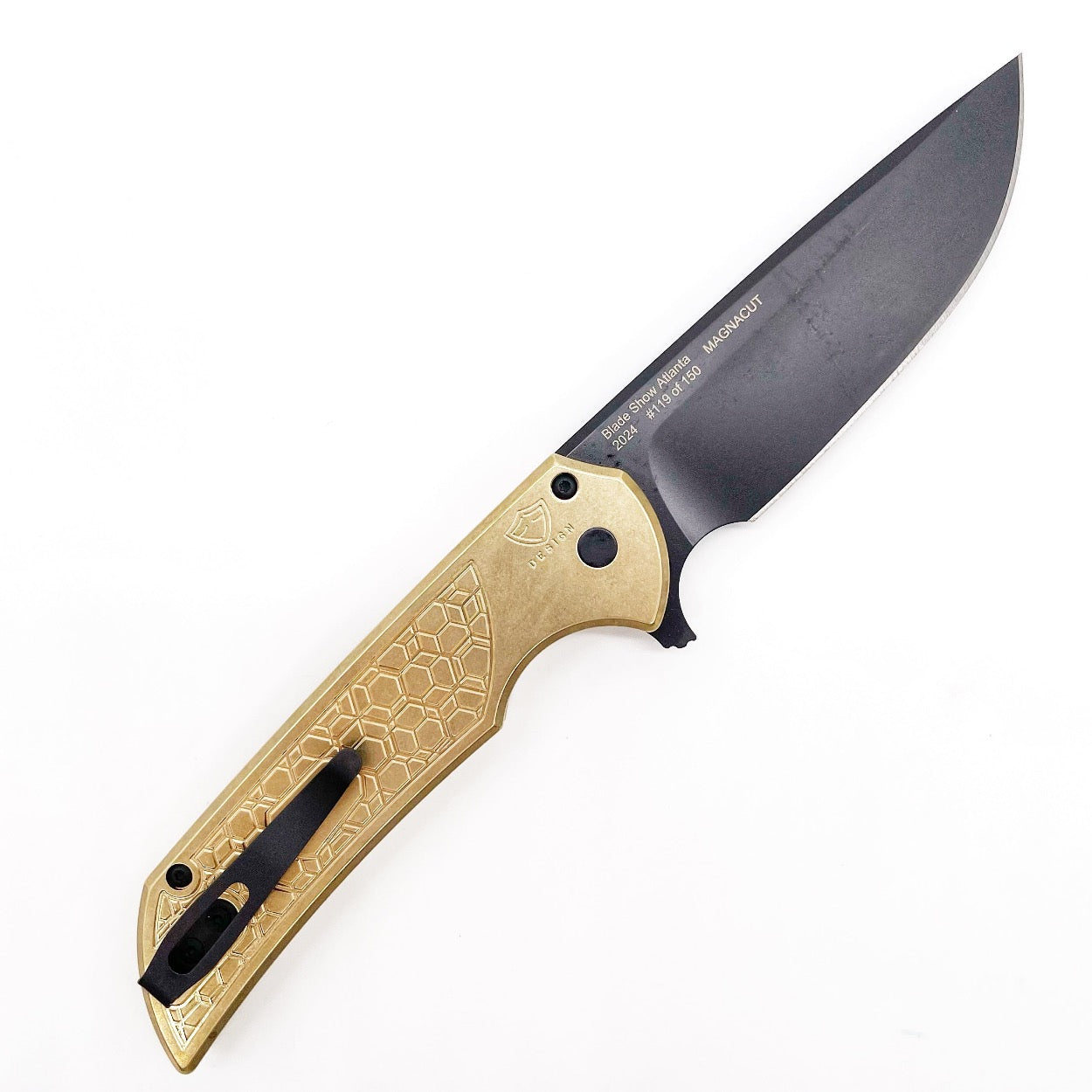 Pro-Tech Knives Mordax Blade Show Atlanta 2024 Stonewash AlBronze Gridlock Handle DLC Magnacut Blade Black Lip Pear Button