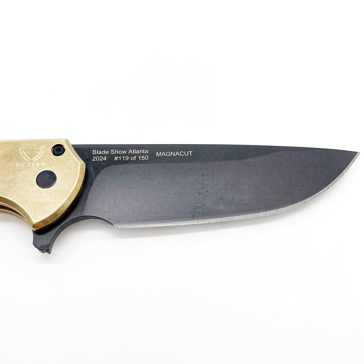 Pro-Tech Knives Mordax Blade Show Atlanta 2024 Stonewash AlBronze Gridlock Handle DLC Magnacut Blade Black Lip Pear Button
