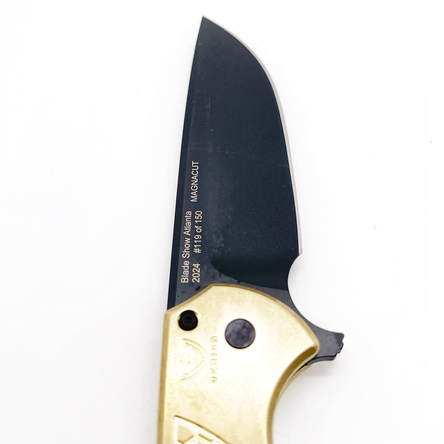 Pro-Tech Knives Mordax Blade Show Atlanta 2024 Stonewash AlBronze Gridlock Handle DLC Magnacut Blade Black Lip Pear Button