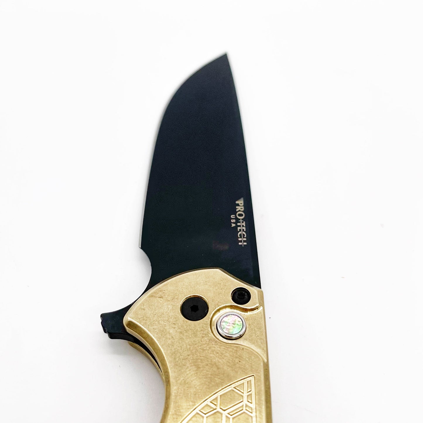 Pro-Tech Knives Mordax Blade Show Atlanta 2024 Stonewash AlBronze Gridlock Handle DLC Magnacut Blade Black Lip Pear Button