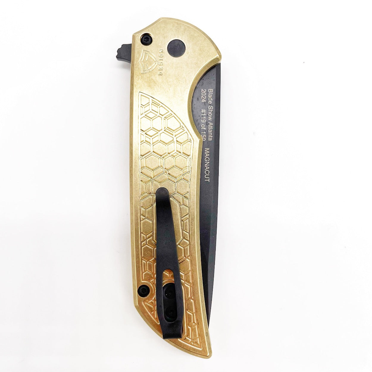Pro-Tech Knives Mordax Blade Show Atlanta 2024 Stonewash AlBronze Gridlock Handle DLC Magnacut Blade Black Lip Pear Button