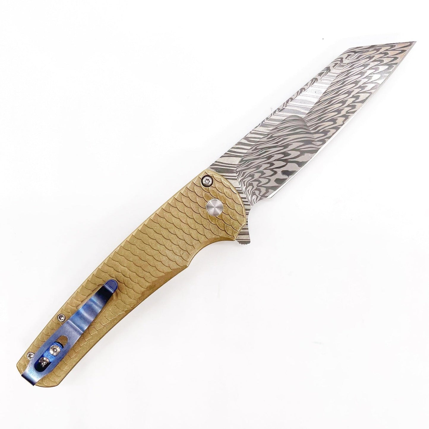 Pro-Tech Knives Malibu Blade Show Atlanta 2024 Distressed ALBronze Dragon Scale Handle Irie Hand Ground Damasteel Mosaic Pin