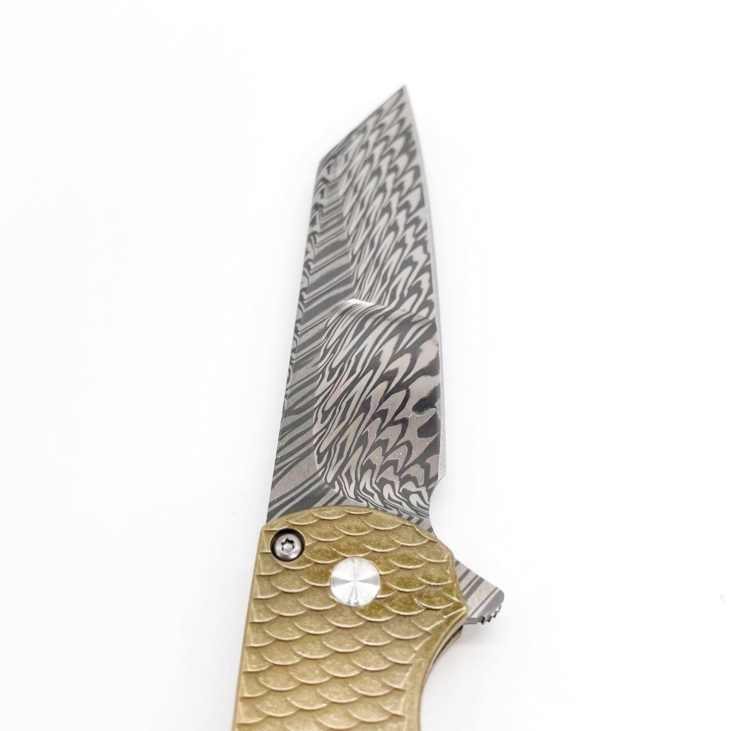 Pro-Tech Knives Malibu Blade Show Atlanta 2024 Distressed ALBronze Dragon Scale Handle Irie Hand Ground Damasteel Mosaic Pin