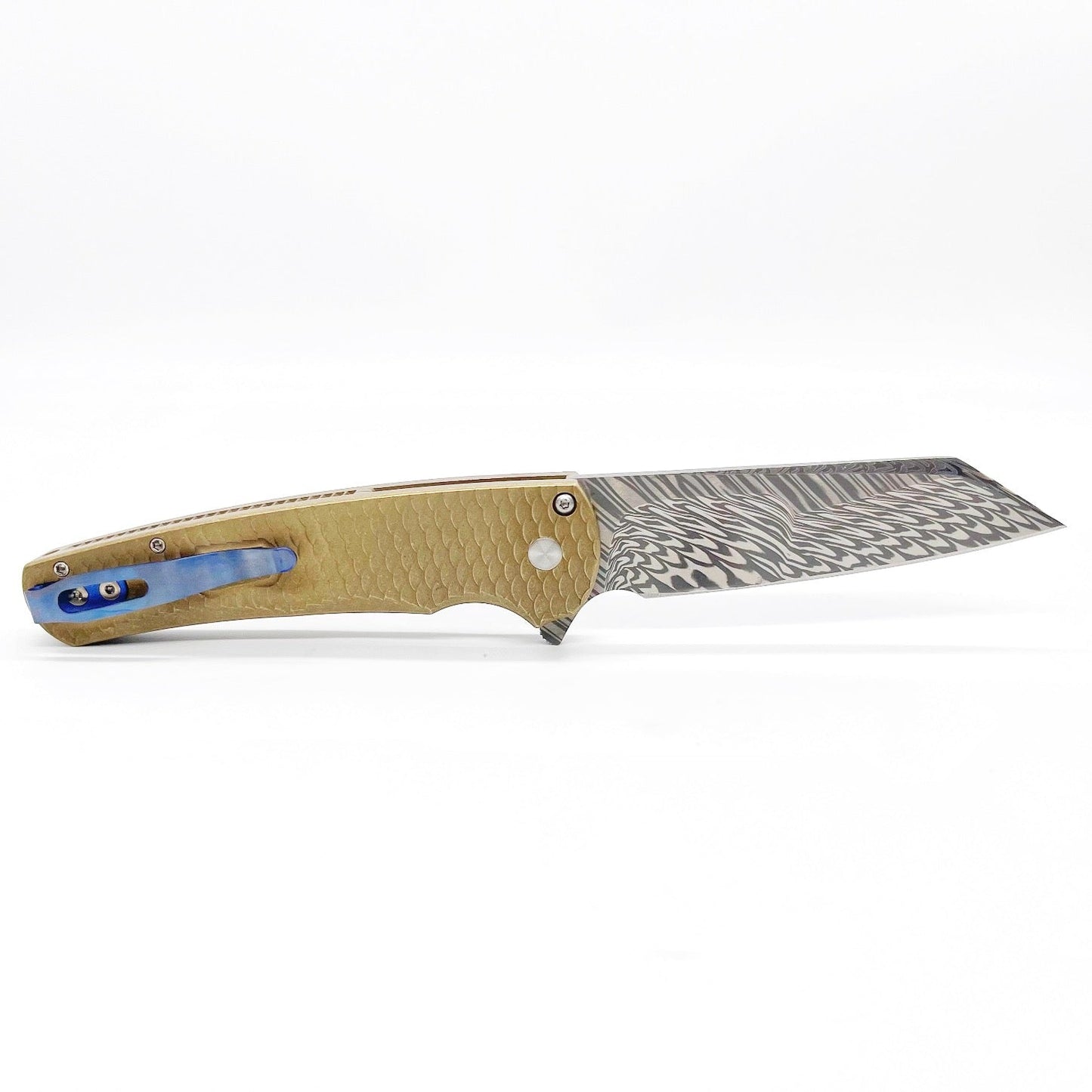 Pro-Tech Knives Malibu Blade Show Atlanta 2024 Distressed ALBronze Dragon Scale Handle Irie Hand Ground Damasteel Mosaic Pin