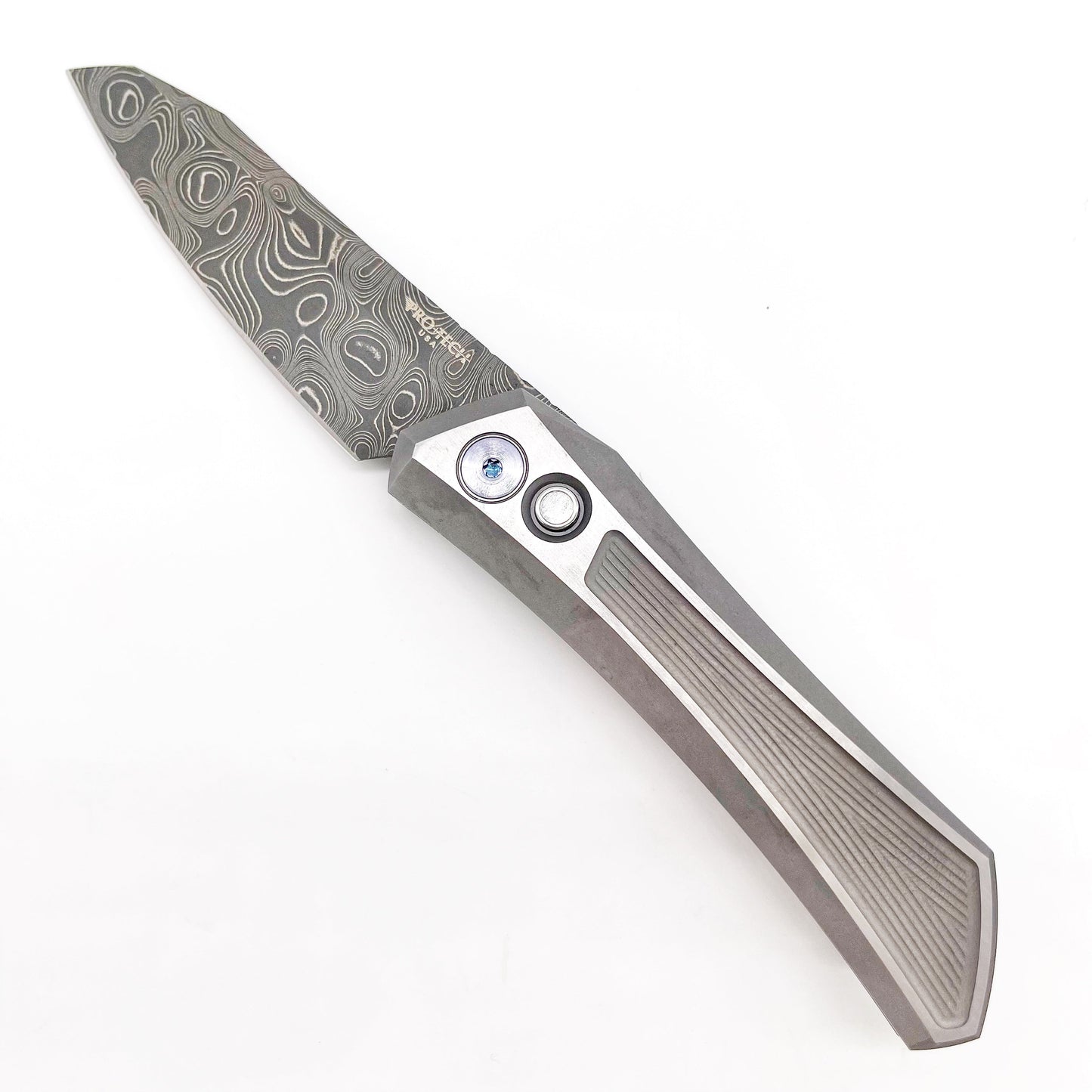 Pro-Tech Knives Oligarch 2024 Custom 003 17-4 Stainless Steel Textured Handle Chad Nichols Virus Damascus Blade Black Lip Pearl Button