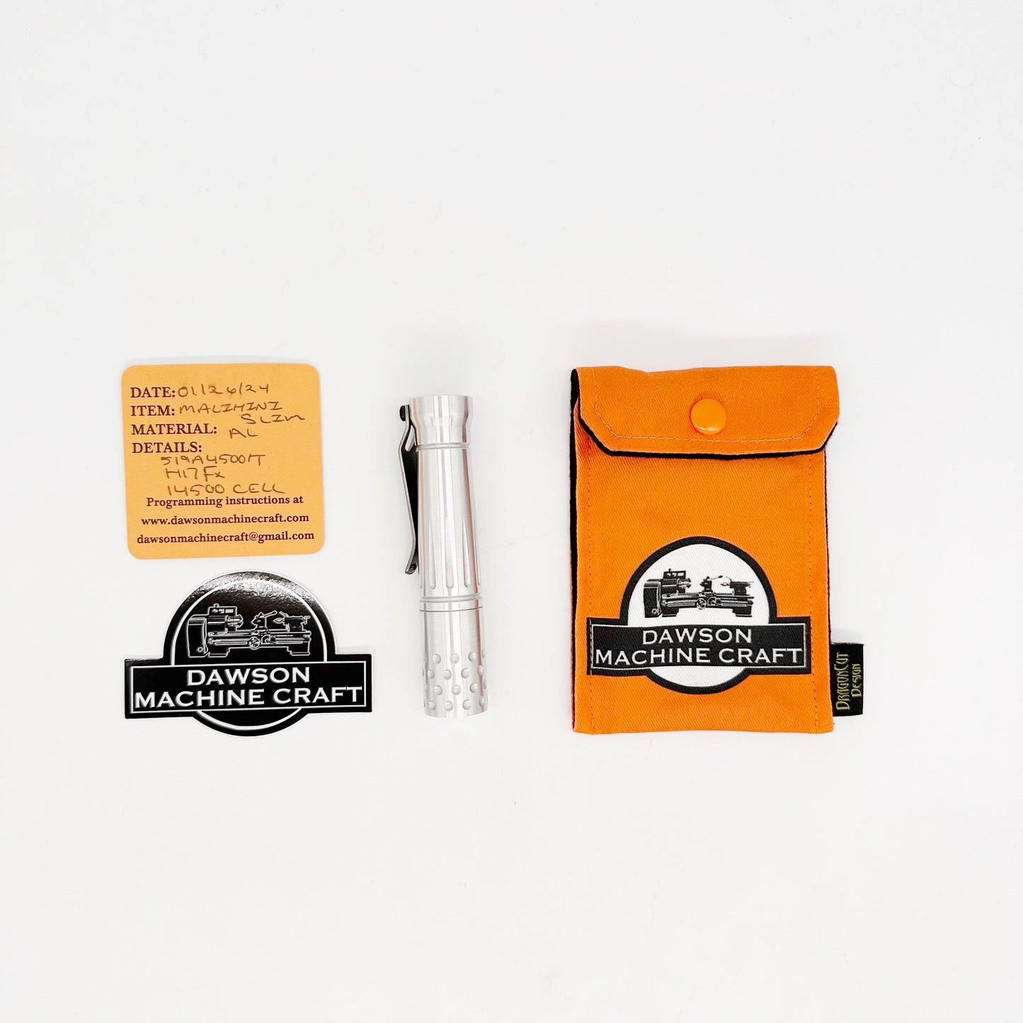 Dawson Machine Craft Malihini Slim - MalihiniSlim-SatinAl - Satin Aluminum EDC Flashlight 14500 Size 519c 4500k LED H17Fx Driver