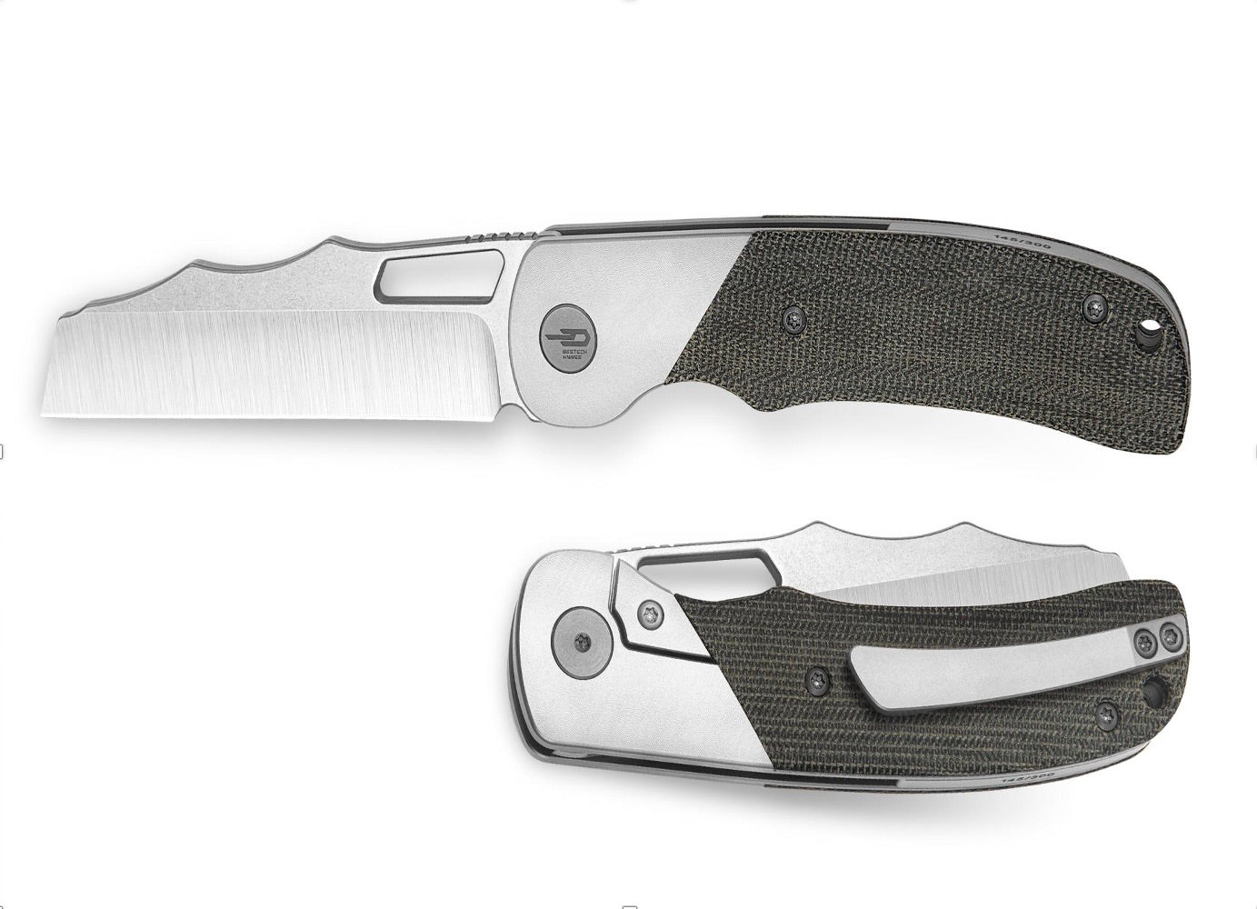 Bestech SYN BT2306B Folding Knife 3.57in Elmax Cleaver Style Blade Titanium Handles w/ Micarta Inlay