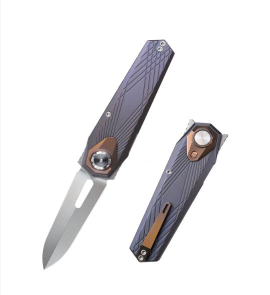 Remette RT-Infinite Power RTIP-G – 3.15" M390 Dagger Blade | Blue Sandblasted Titanium Handle | Button + Liner Lock