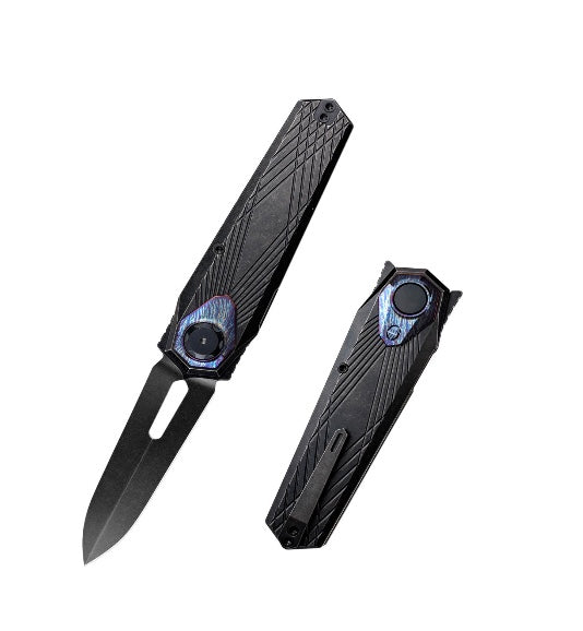 Remette RT-Infinite Power RTIP-S â€“ 3.15" Black Stonewashed M390 Dagger | Black Titanium Stonewashed Handle | Button + Liner Lock