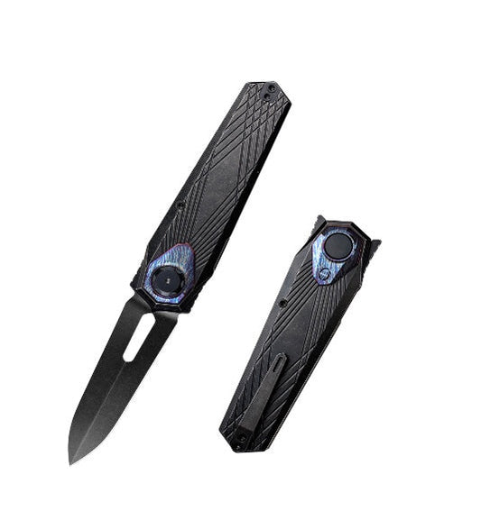Remette RT-Infinite Power RTIP-S – 3.15" Black Stonewashed M390 Dagger | Black Titanium Stonewashed Handle | Button + Liner Lock