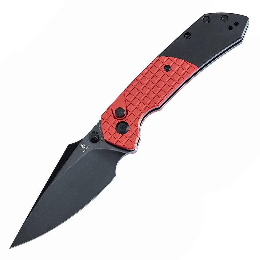 Tenable Fenrir T1034S3 – 3.45″ Blackwash 14C28N Harpoon, Dark Red Frag Pattern Aluminum, Button Lock