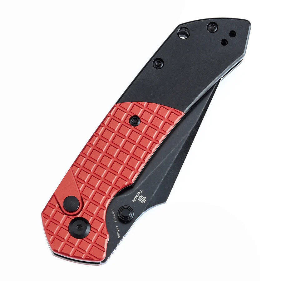 Tenable Fenrir T1034S3 – 3.45″ Blackwash 14C28N Harpoon, Dark Red Frag Pattern Aluminum, Button Lock
