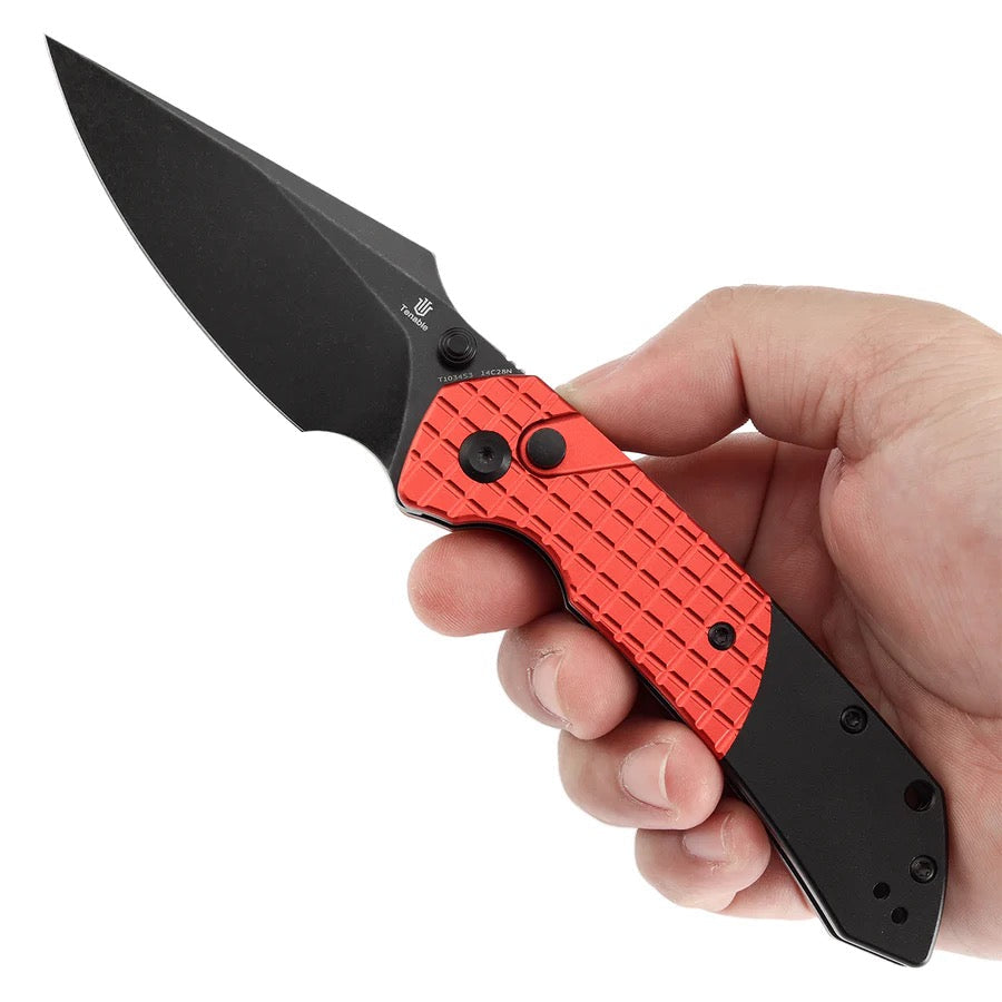 Tenable Fenrir T1034S3 – 3.45″ Blackwash 14C28N Harpoon, Dark Red Frag Pattern Aluminum, Button Lock