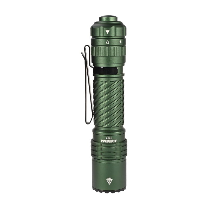 Acebeam T37 Dark Green (T37-Dark-Green) front view – 4,000 lumen SFT-90X tactical duty flashlight with pocket clip