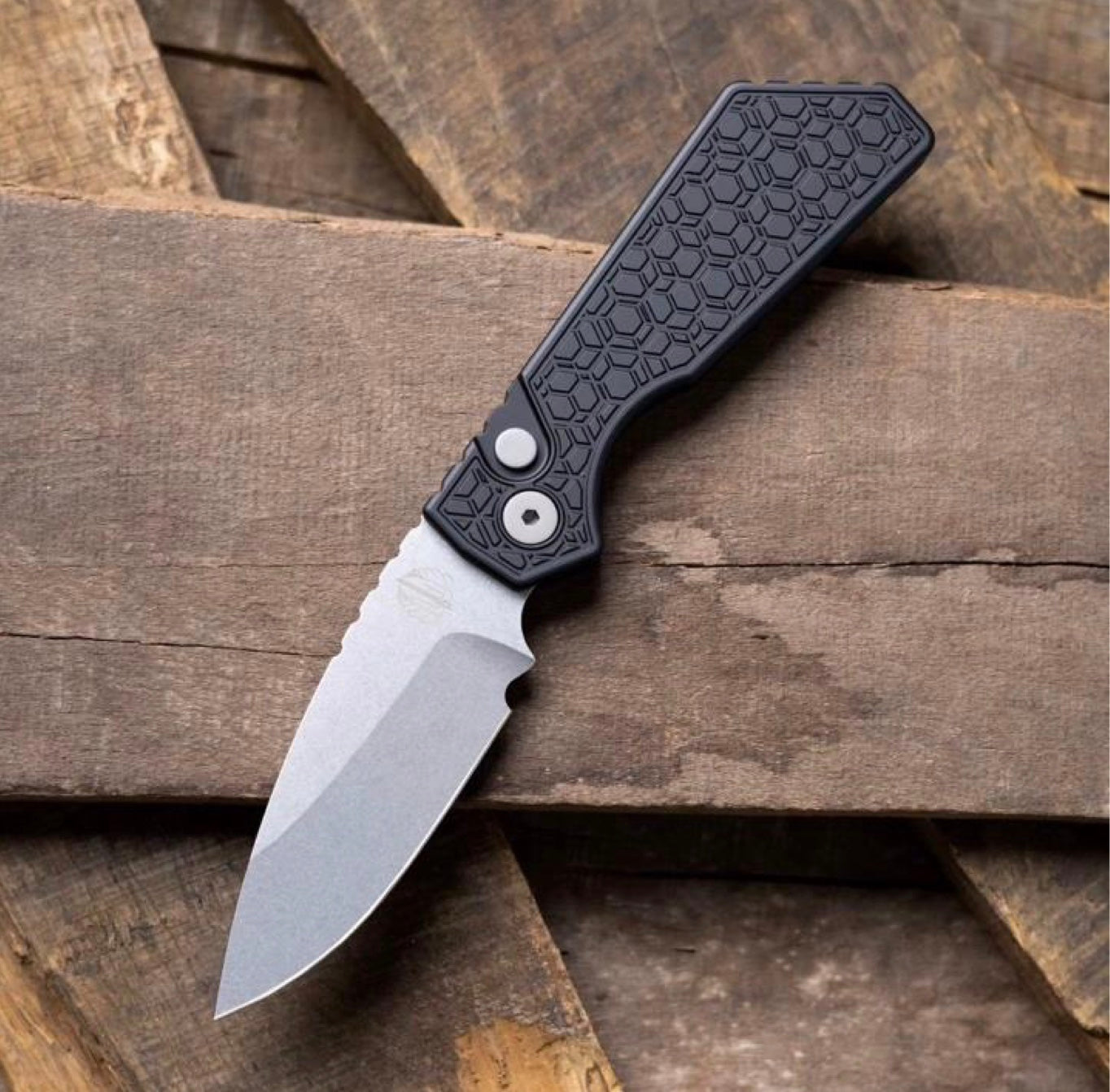 Pro-Tech Knives PT205-Gridlock Strider PT+ Folding Knife Stonewashed Magnacut Blade Textured Black Handles