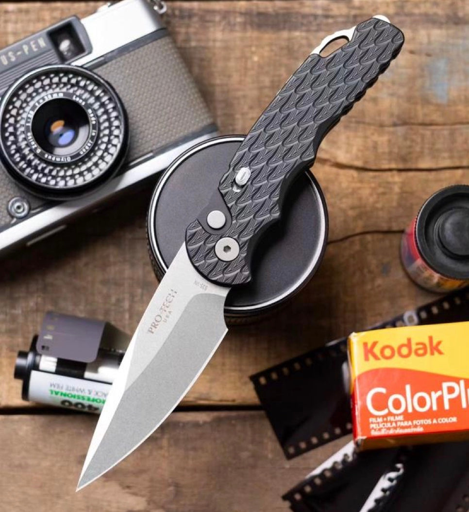 Pro-Tech TR-5 T505-F front view – 3.25" stonewash S35VN drop point push-button automatic knife