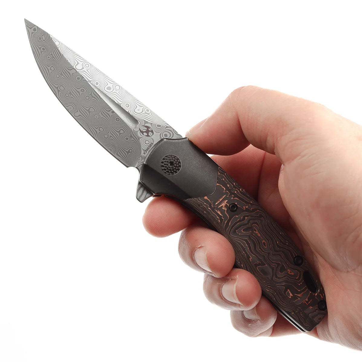 Kansept Cassowary 2.9" Damascus with Black Stonewashed Titanium & Copper Carbon Fiber Handles - K2065B5