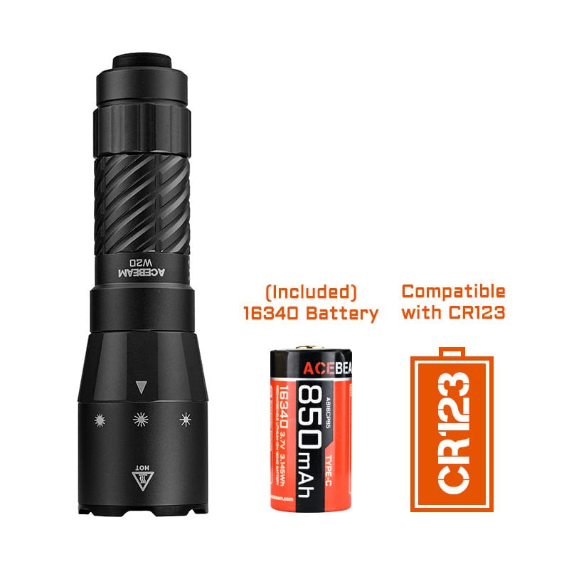 Acebeam W20 LEP flashlight with wide angle spill, rechargeable, included 16340 battery